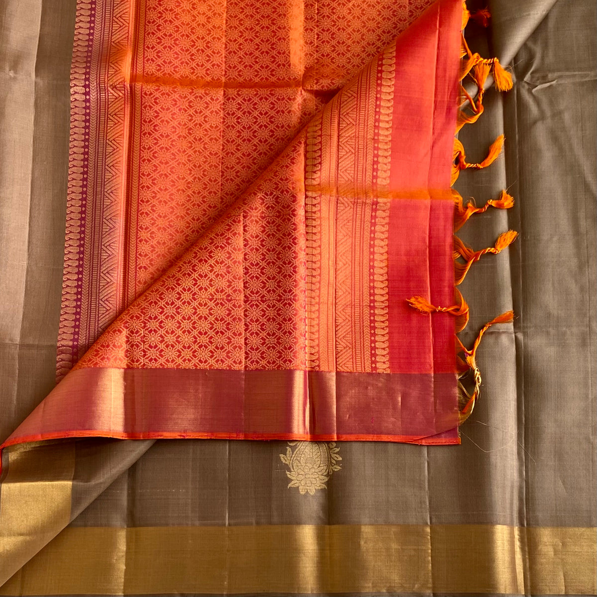 Taupe Brown Designer Pure Silk Saree With Sunset Orange Pallu