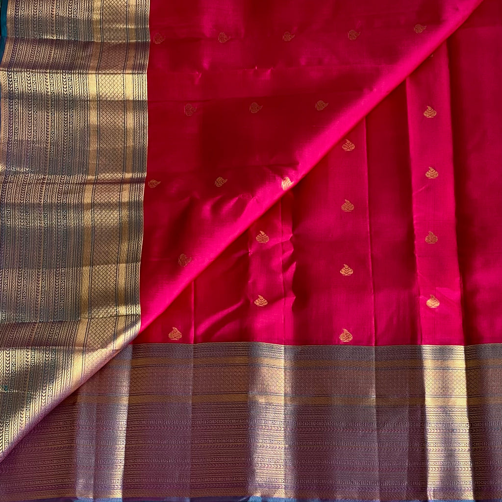 Bronze Brown Designer Pure Silk Saree With Rani Pink Pallu