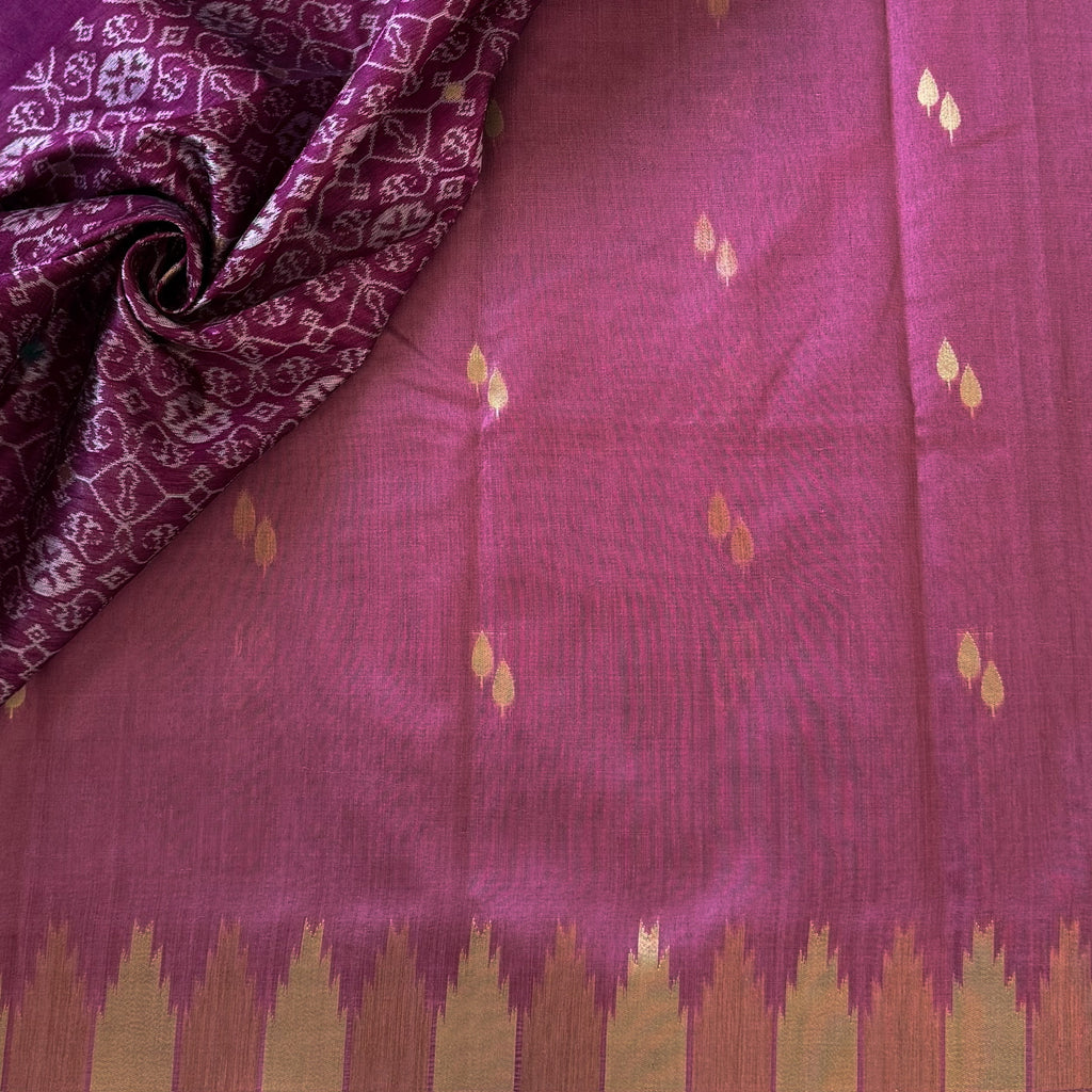 Deep Magenta Ikat Silk Saree With Gold Zari Border Tassels