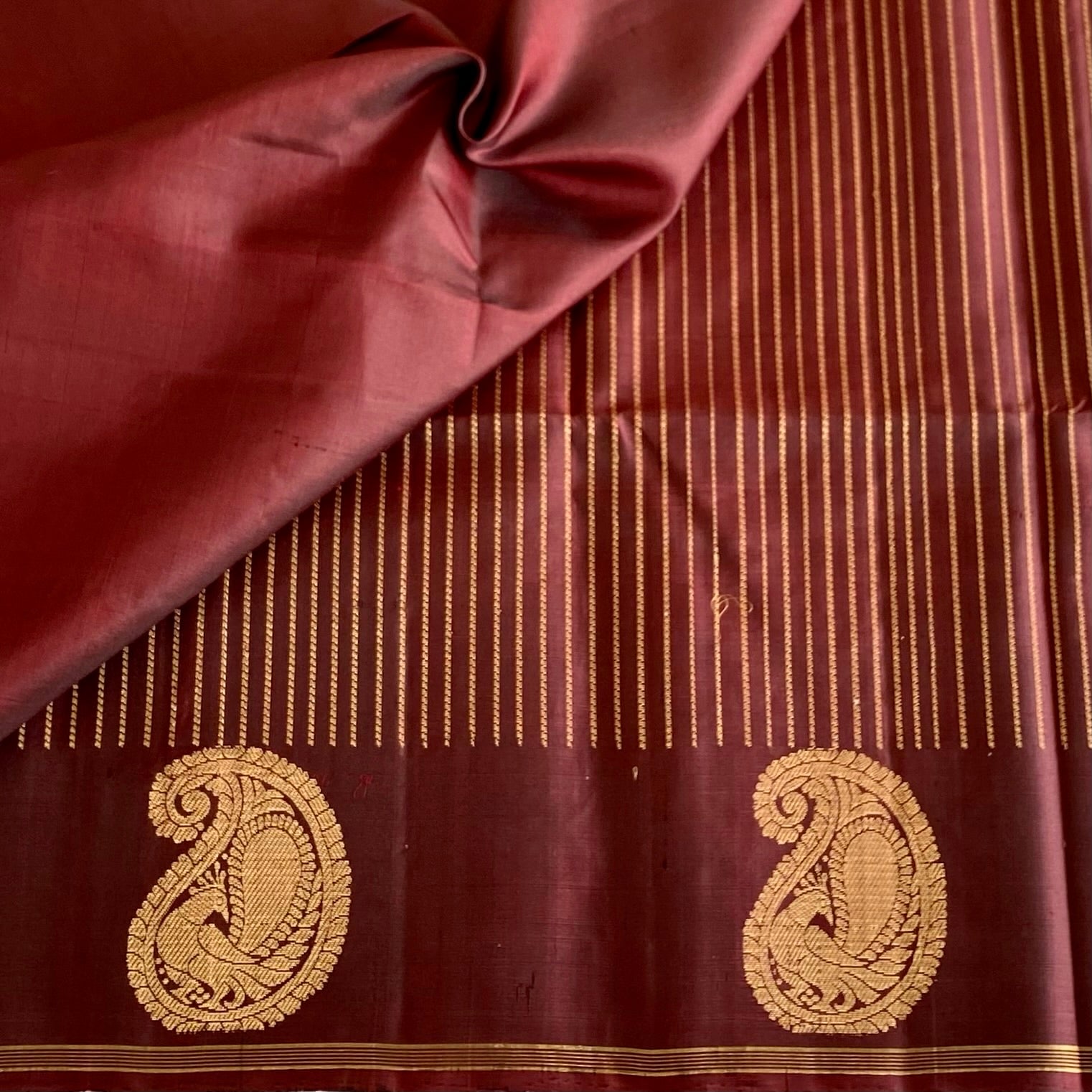 Deep Wine Brown Designer Pure Silk Saree With Antique Gold Pallu