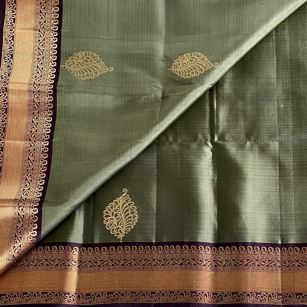 Olive Green Designer Pure Silk Saree With Deep Maroon Pallu