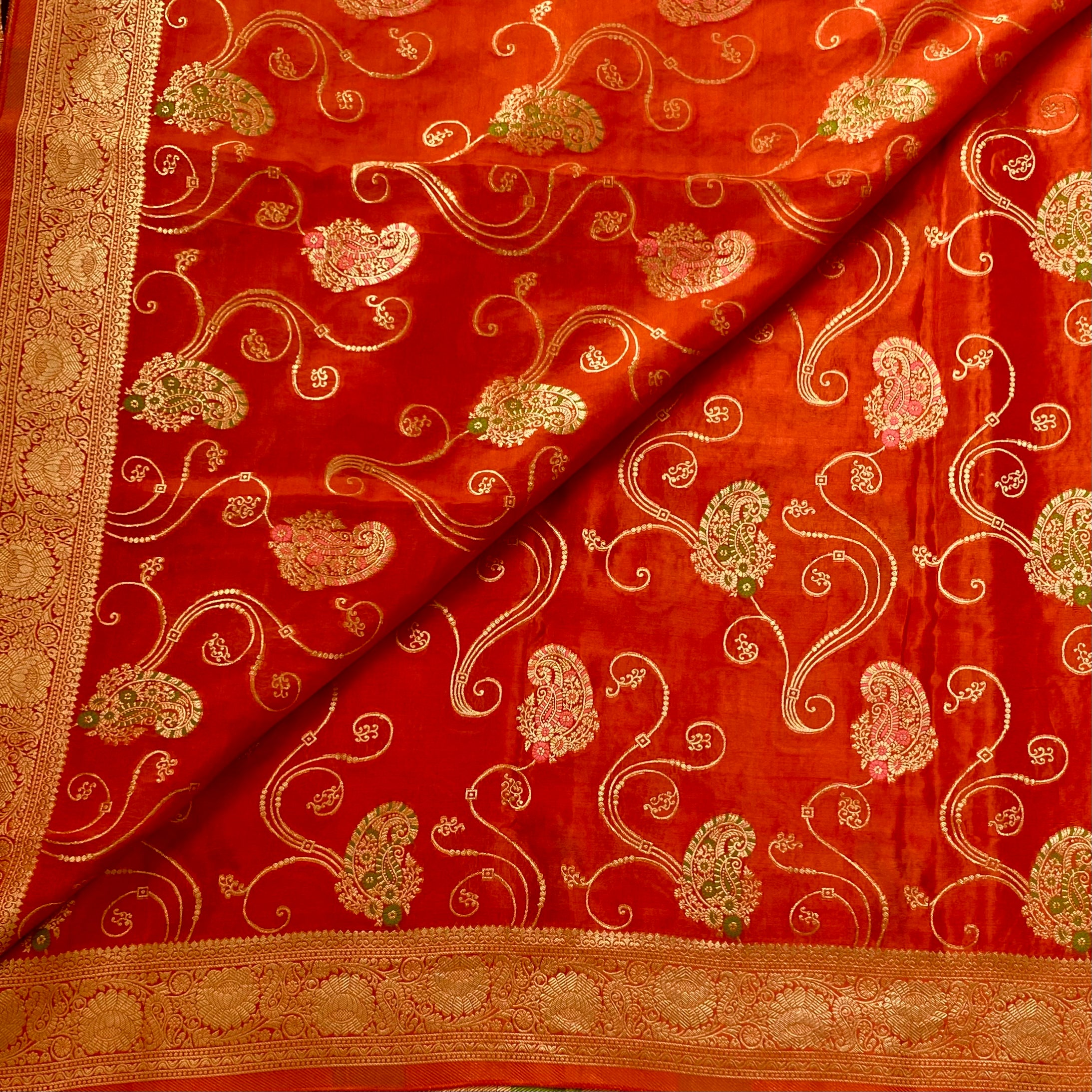 Burnt Orange Brocade Soft crepe silk Saree With Gold Border And Violet Edge