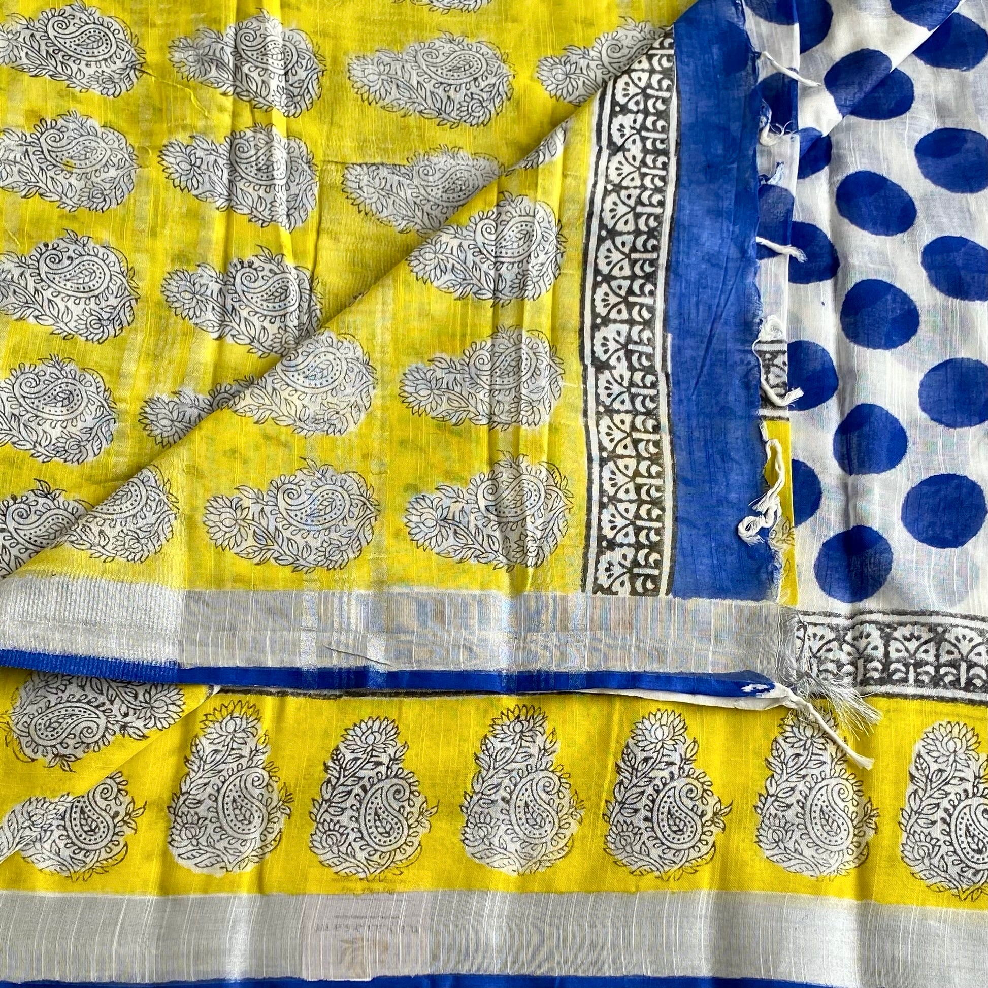 Lemon Yellow Block Printed Soft Linen Silver Borders Saree Royal Blue buttas Silver Border