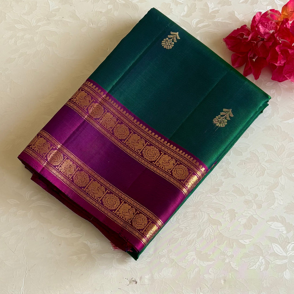 Deep Peacock Green Designer Pure Silk Saree With Rich Magenta Pallu