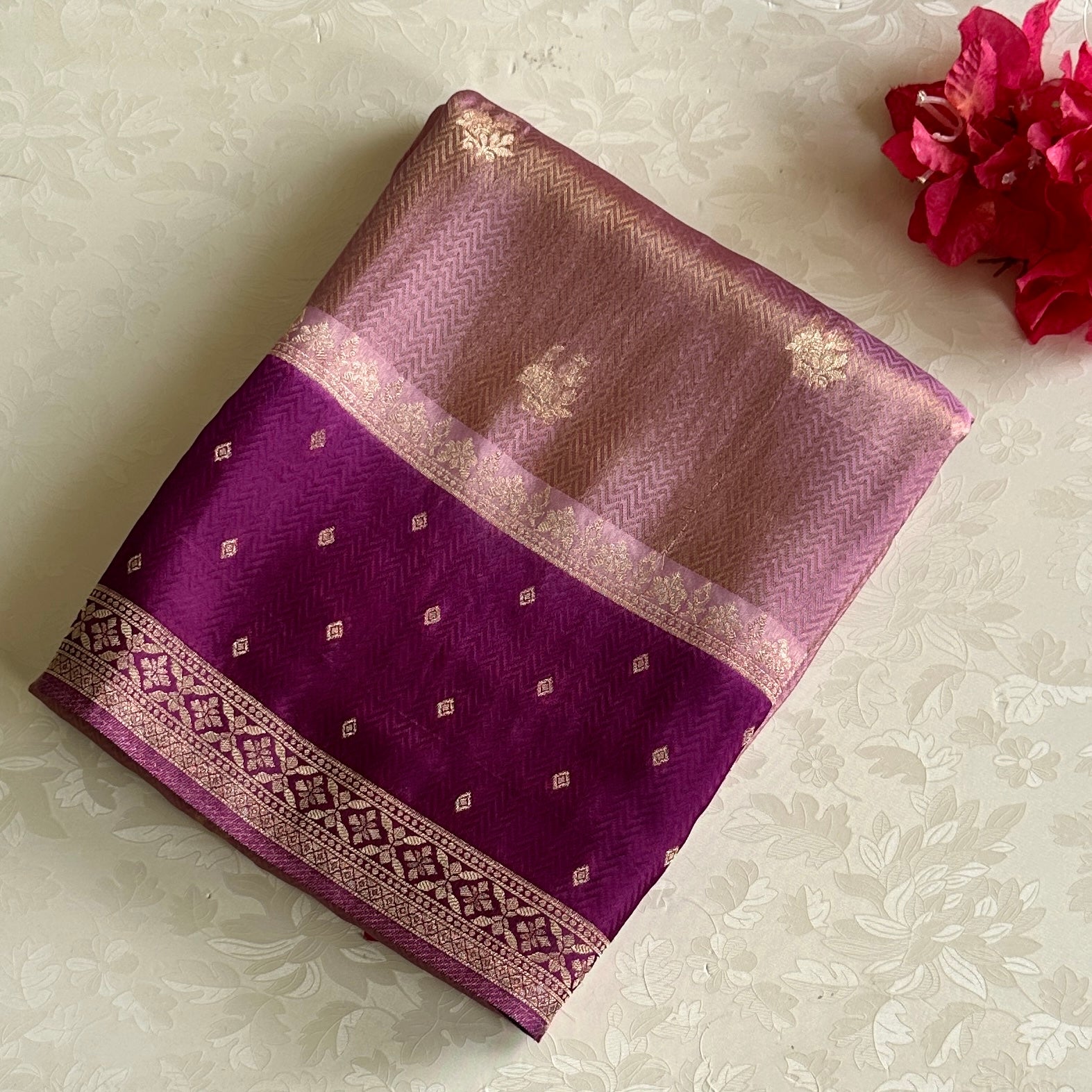 Dual Shaded Rose Gold Soft Blended Silk With Wine Purple Pallu