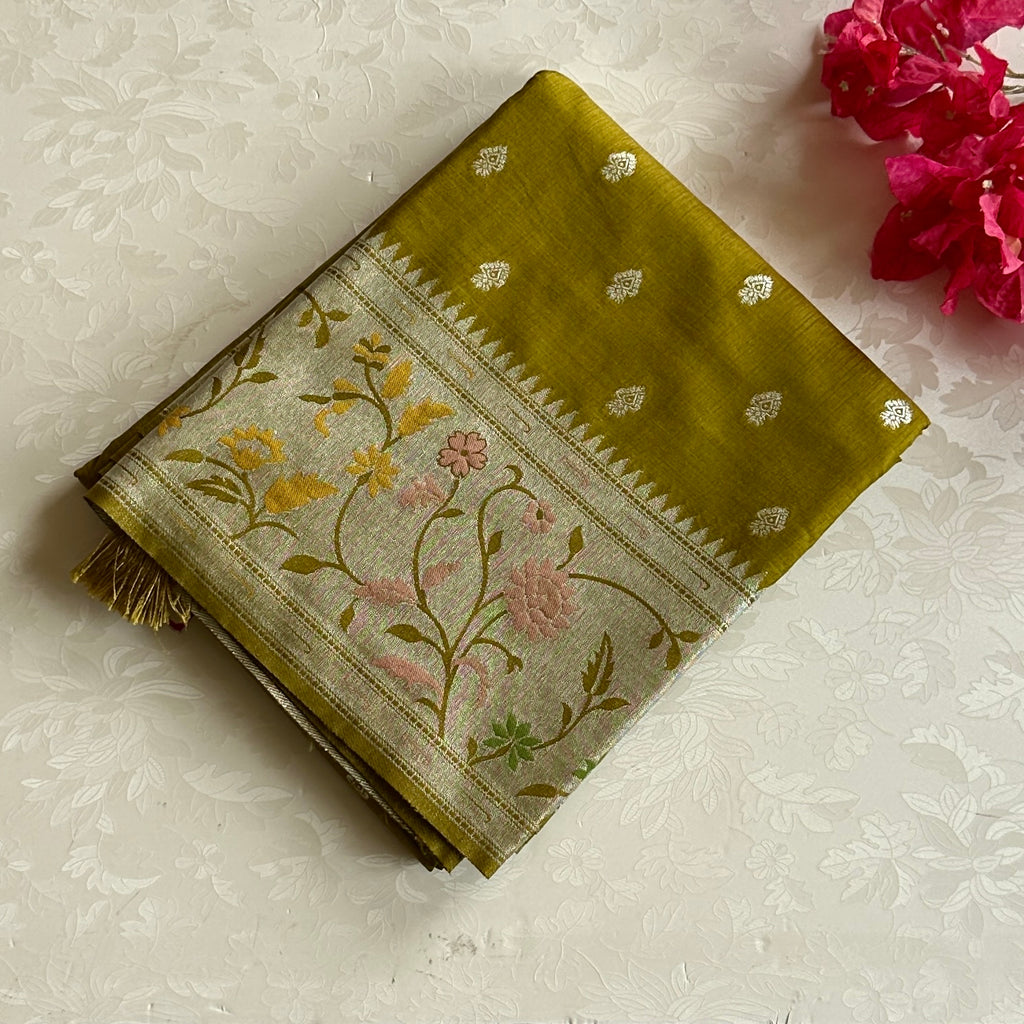 Olive Green Floral Silver Buti premium soft tussar with Meenakari work