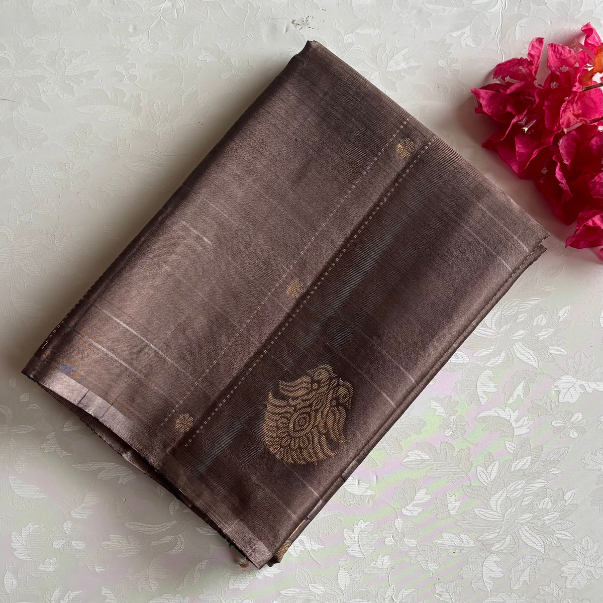 Taupe Brown Designer Pure Silk Saree With Antique Cream Pallu