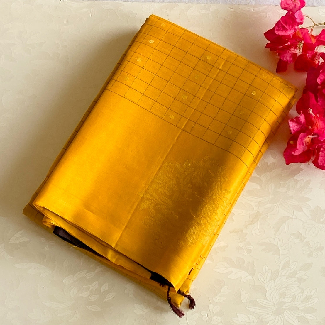 Mustard Silk Saree with Brown Zari Pallu Floral Medallion Design