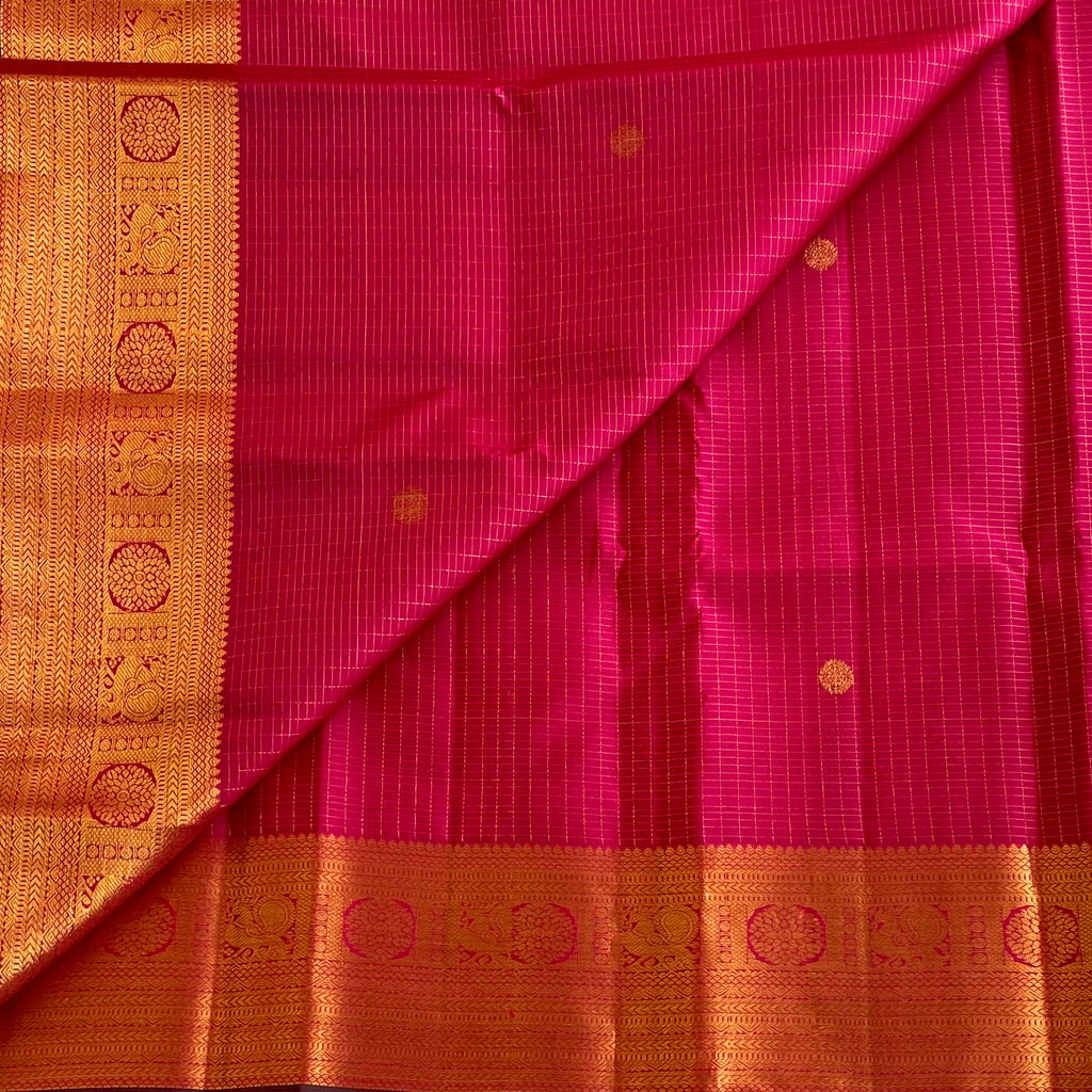 Raspberry Pink Kanjeevaram Pure Zari Silk Saree With Zari Checkered Weave