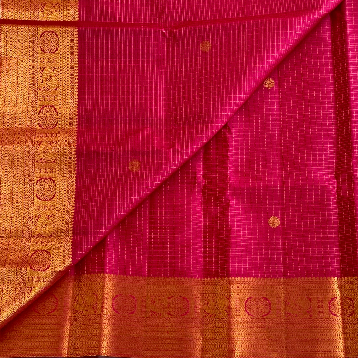 Raspberry Pink Kanjeevaram Pure Zari Silk Saree With Zari Checkered Weave