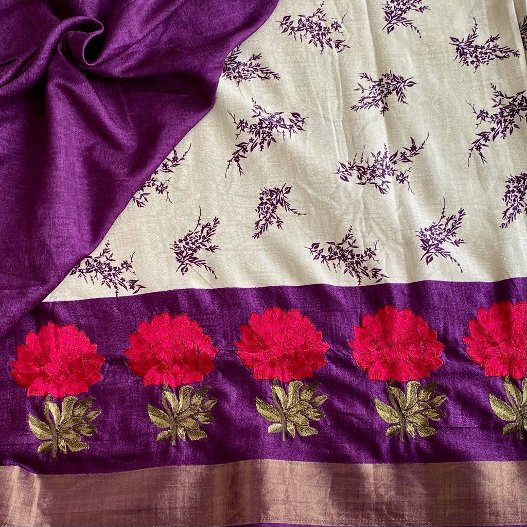 Ivory Soft Tussar Silk Saree With Royal Purple Pallu Embroidered Blooms