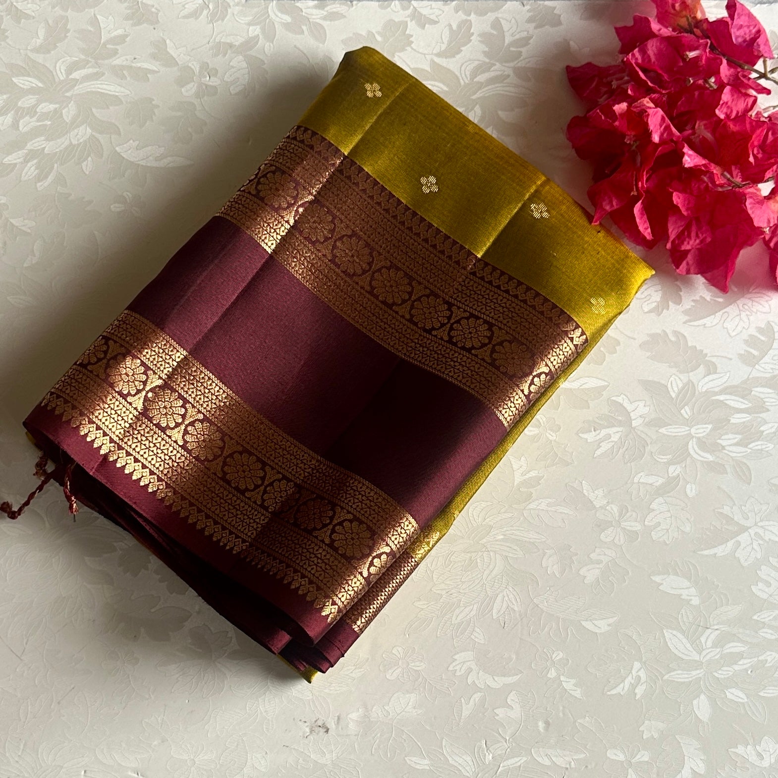 Mustard Yellow Designer Pure Silk Saree With Burgundy Maroon Pallu