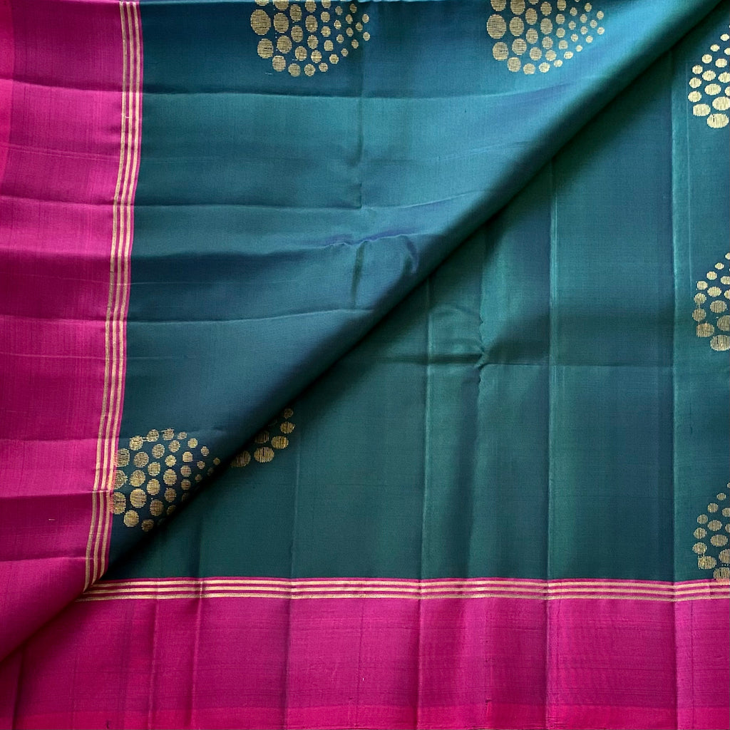 Peacock Green Designer Pure Silk Saree Fuchsia Pink Zari Border