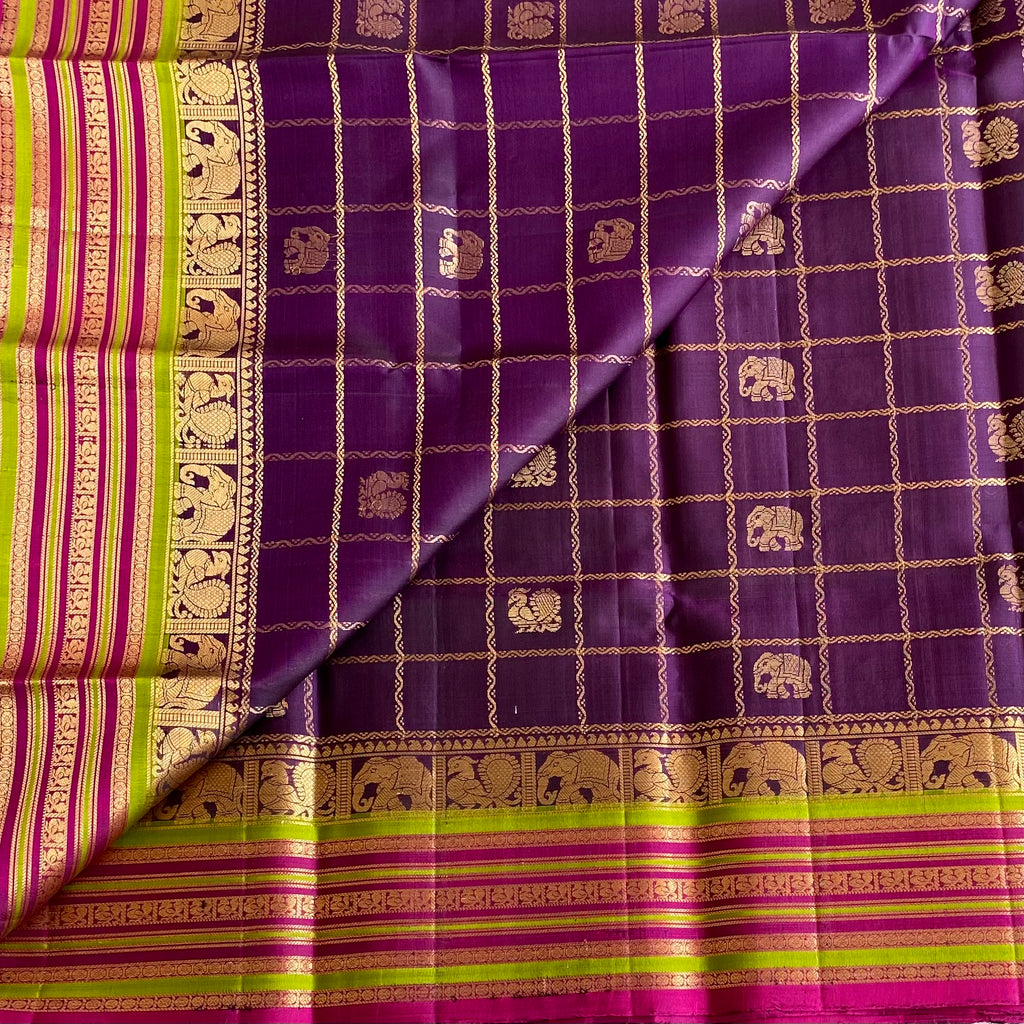 Deep Purple Checkered Designer Pure Silk Saree With Magenta Pallu