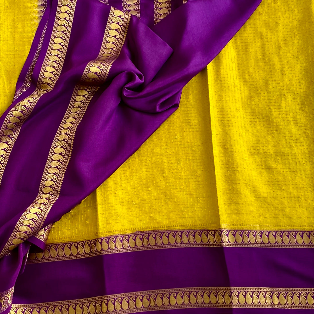Lime Green Checkered Mysore Crepe Silk Saree With Rich Purple Pallu
