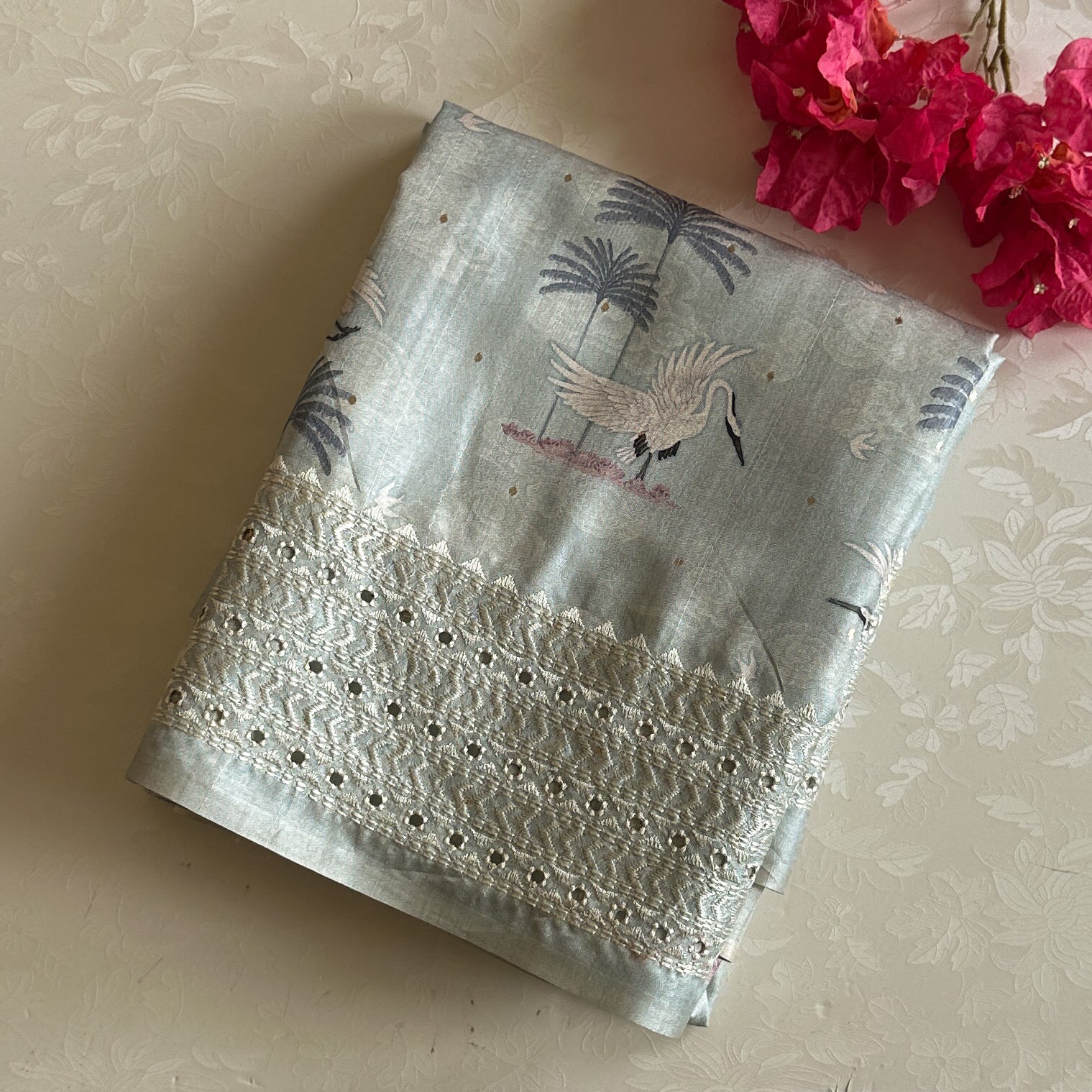 Pale Seafoam Crane Print Saree Gold Zari Border Tasseled Pallu