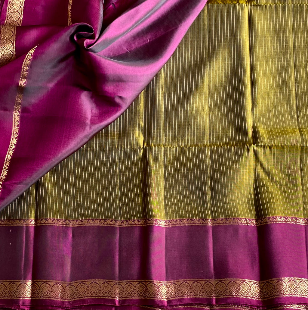 Deep Magenta Silk Saree Gold Zari Floral Motifs Olive Border