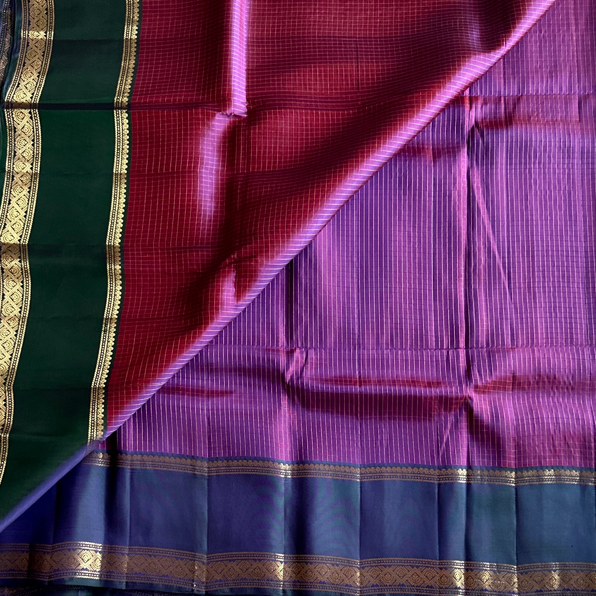 Elegant Violet Magenta Saree with Gold Paisley Border and Tassels