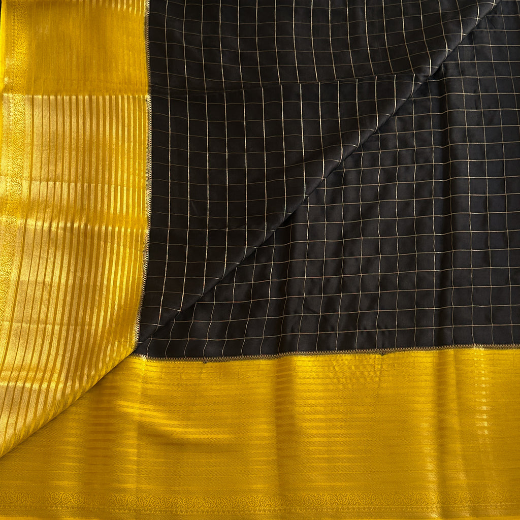Charcoal Check Saree with Mustard Gold Brocade Pallu and Border