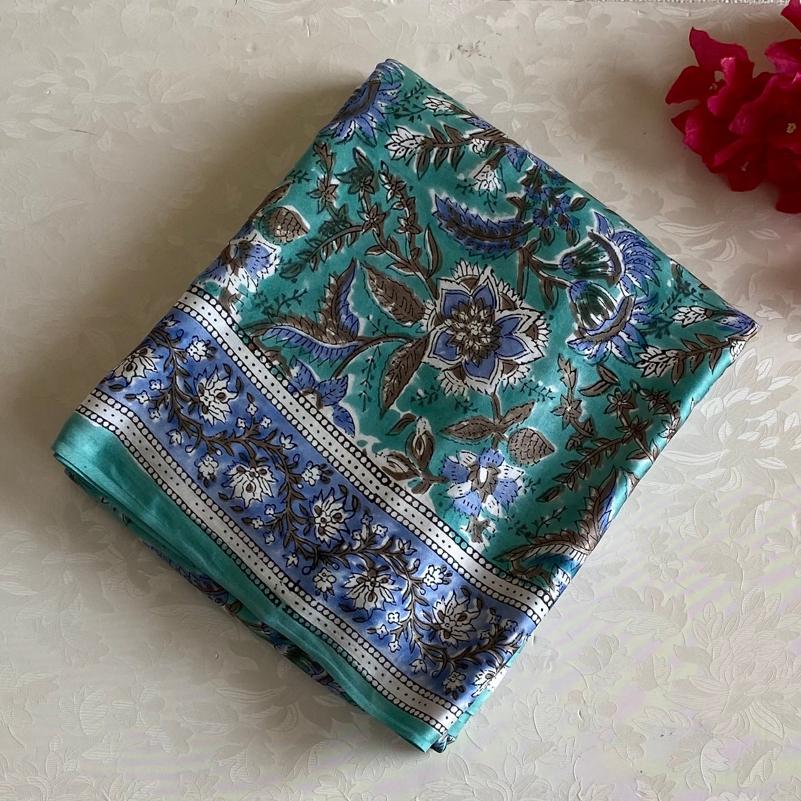 Ajrakh Handblock Printed Silk Mint Blue Beauty With Ivory Pallu