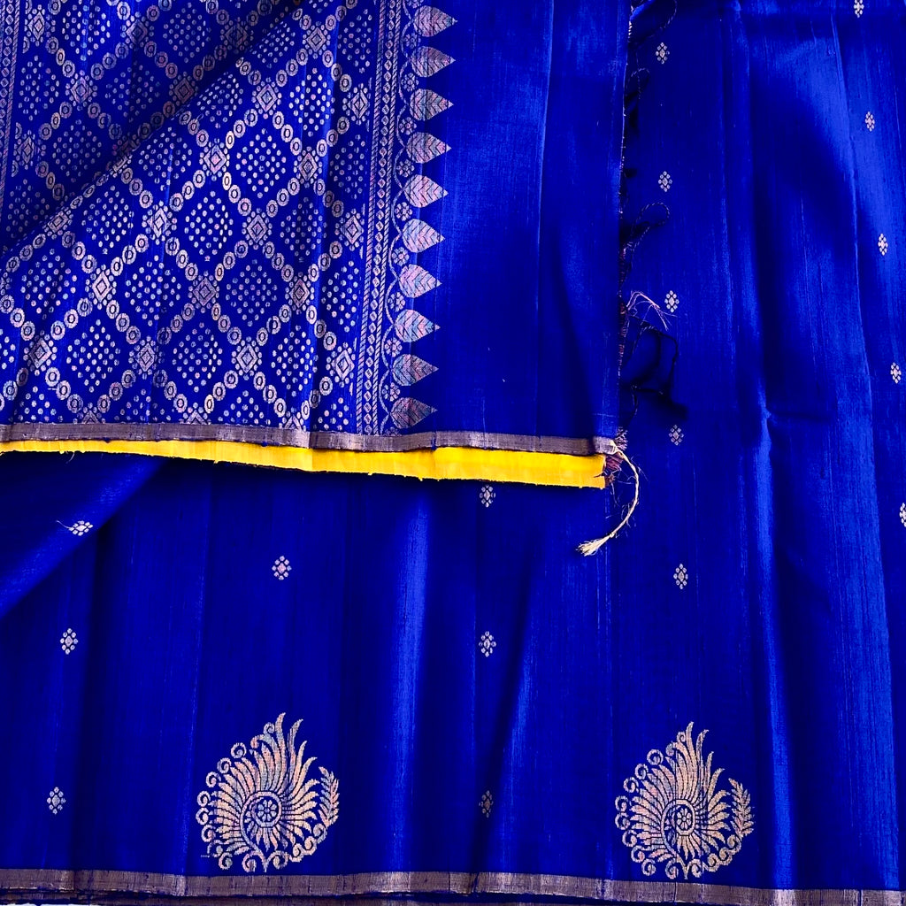 Royal Blue Designer Pure Raw Silk Saree With Golden Yellow Blouse