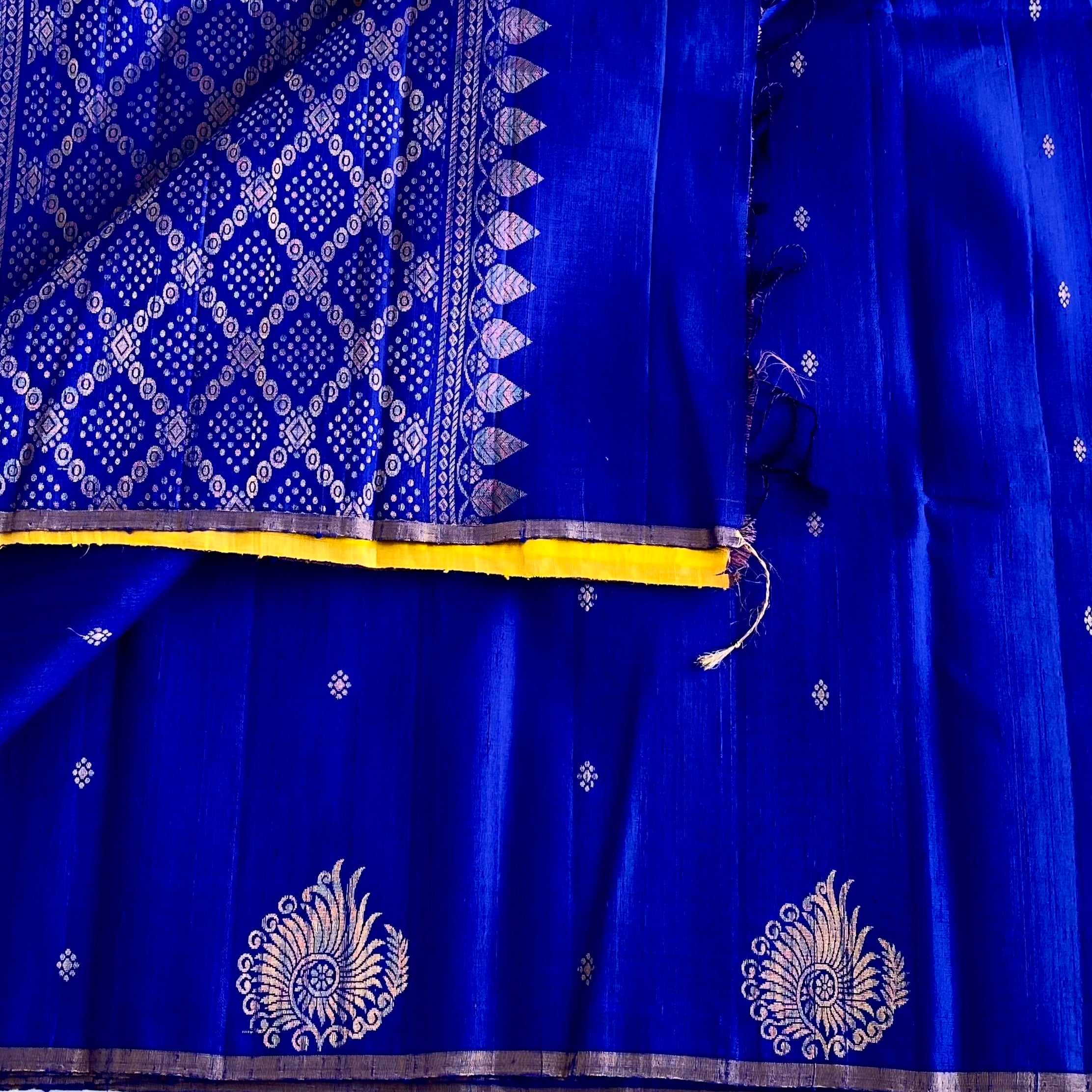 Royal Blue Designer Pure Raw Silk Saree With Golden Yellow Blouse