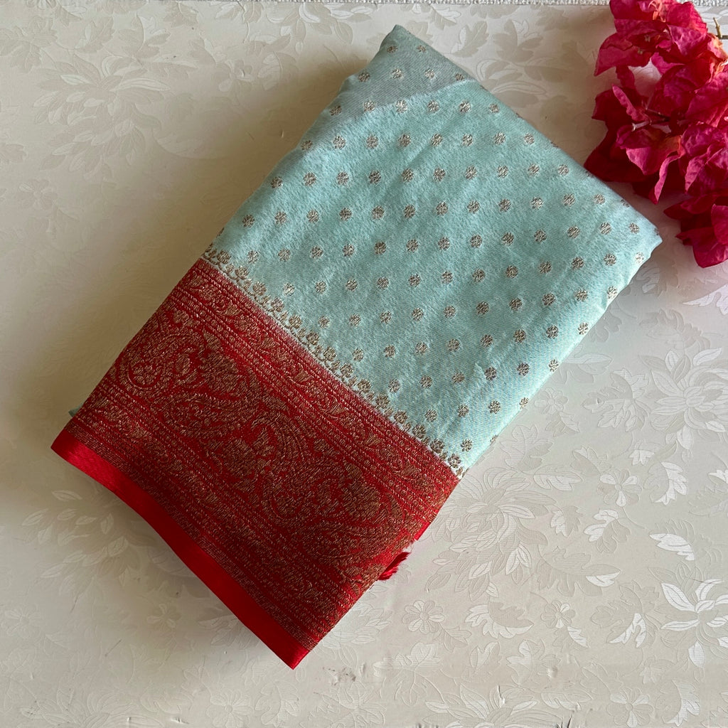Sea Blue with Red Banarasi Soft Crepe Silk With Intricately Woven Pallu