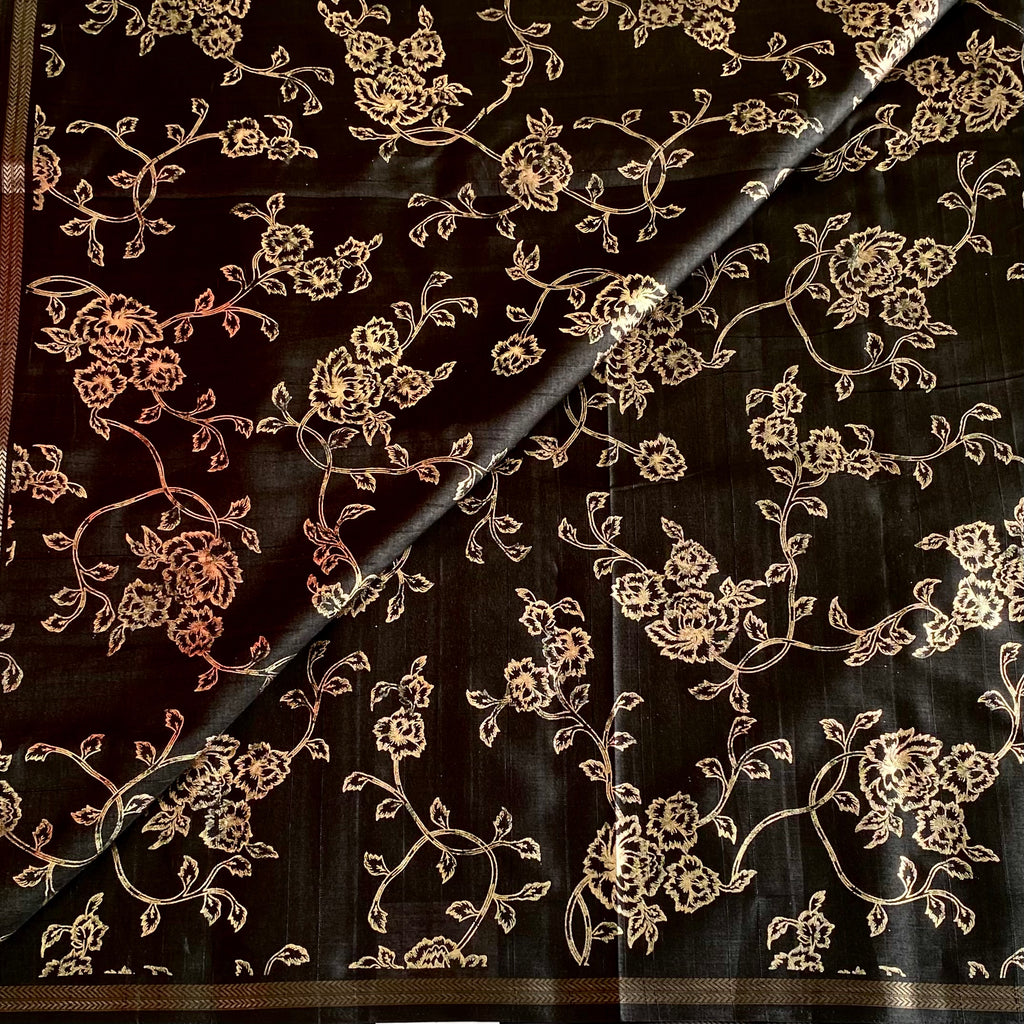 Jet Black Soft Tussar Silk Saree With Antique Gold Floral Pallu