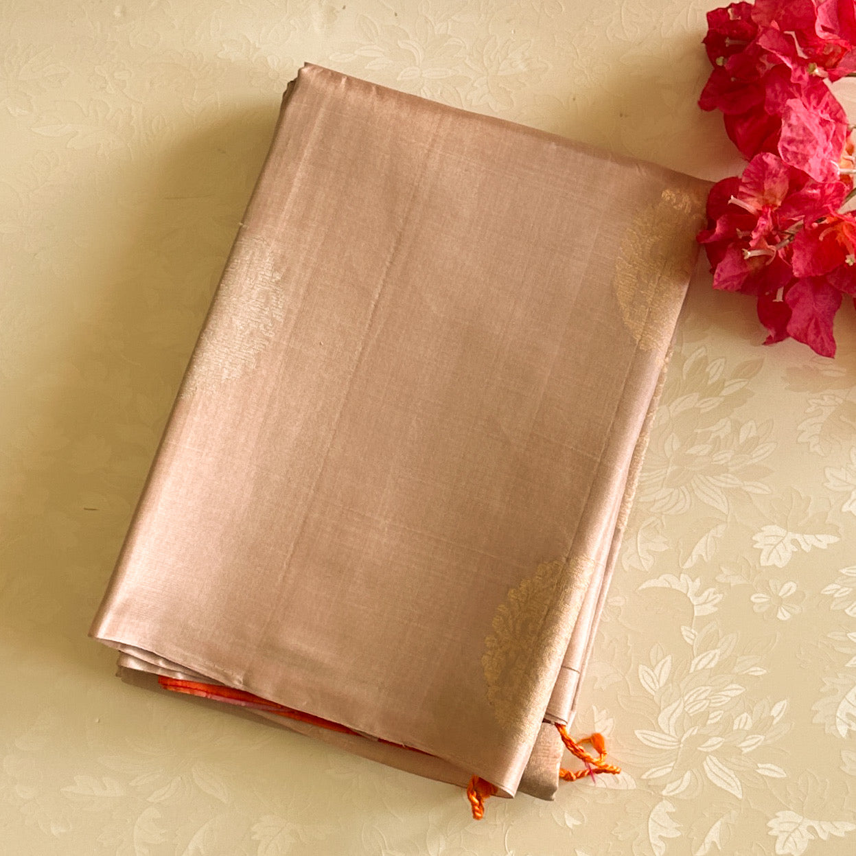 Classy Champagne Beige with Sunset Orange Pure Silk Saree