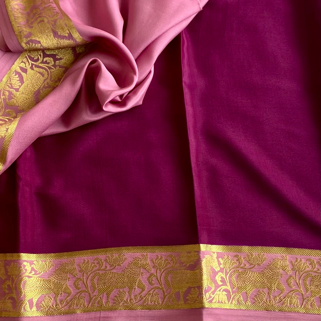 Deep Magenta Mysore Crepe Silk Saree With Blush Pink Gold Zari Border