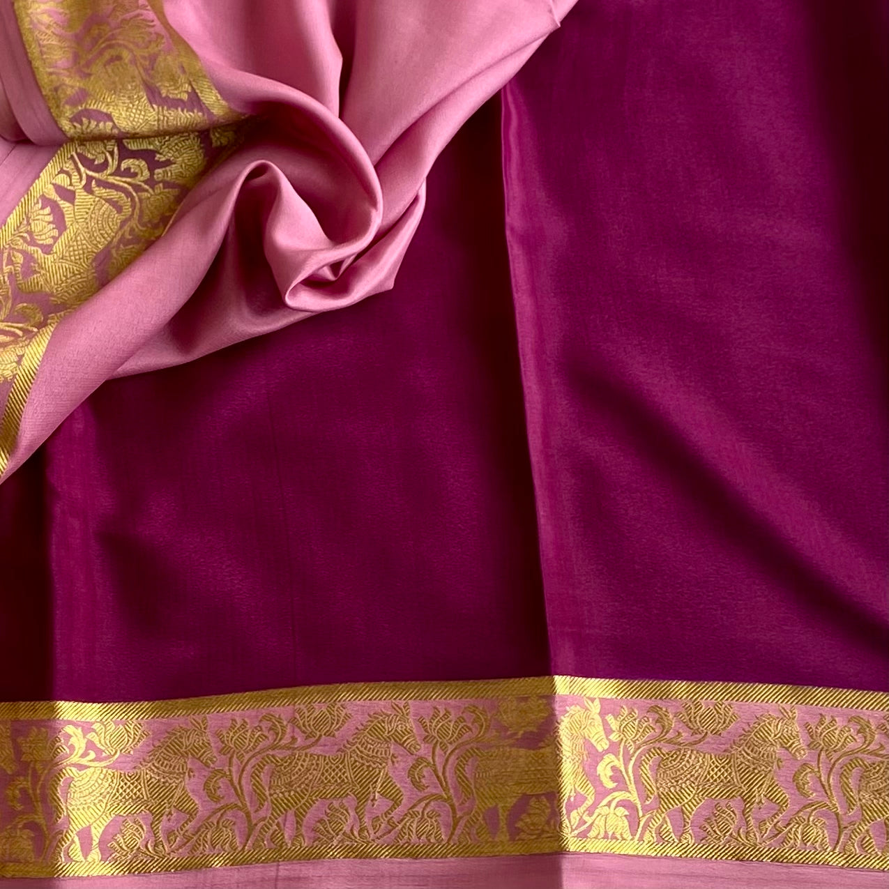 Deep Magenta Mysore Crepe Silk Saree With Blush Pink Gold Zari Border