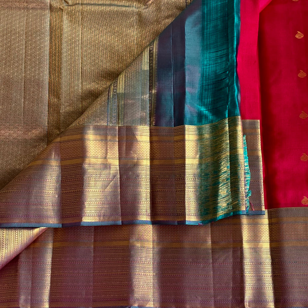 Bronze Brown Designer Pure Silk Saree With Rani Pink Pallu