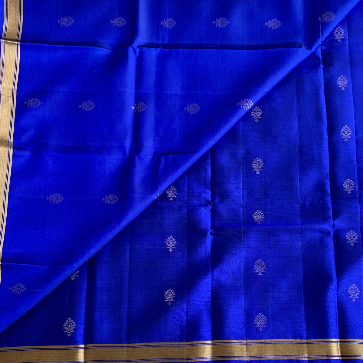 Deep Royal Blue Designer Pure Silk Saree With Rich Golden Yellow Pallu