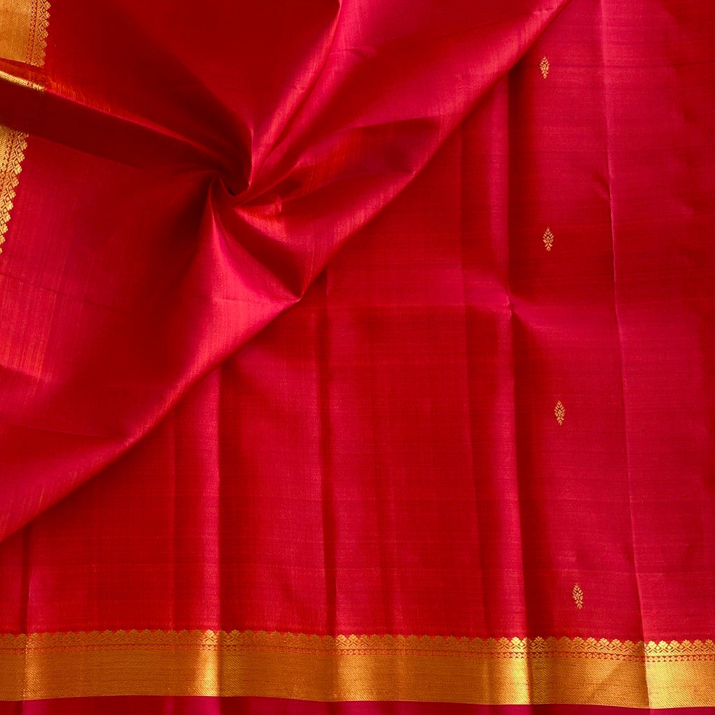 Vermilion Pinkish Red Kanjeevaram Pure Zari Silk Saree With Antique Gold Pallu