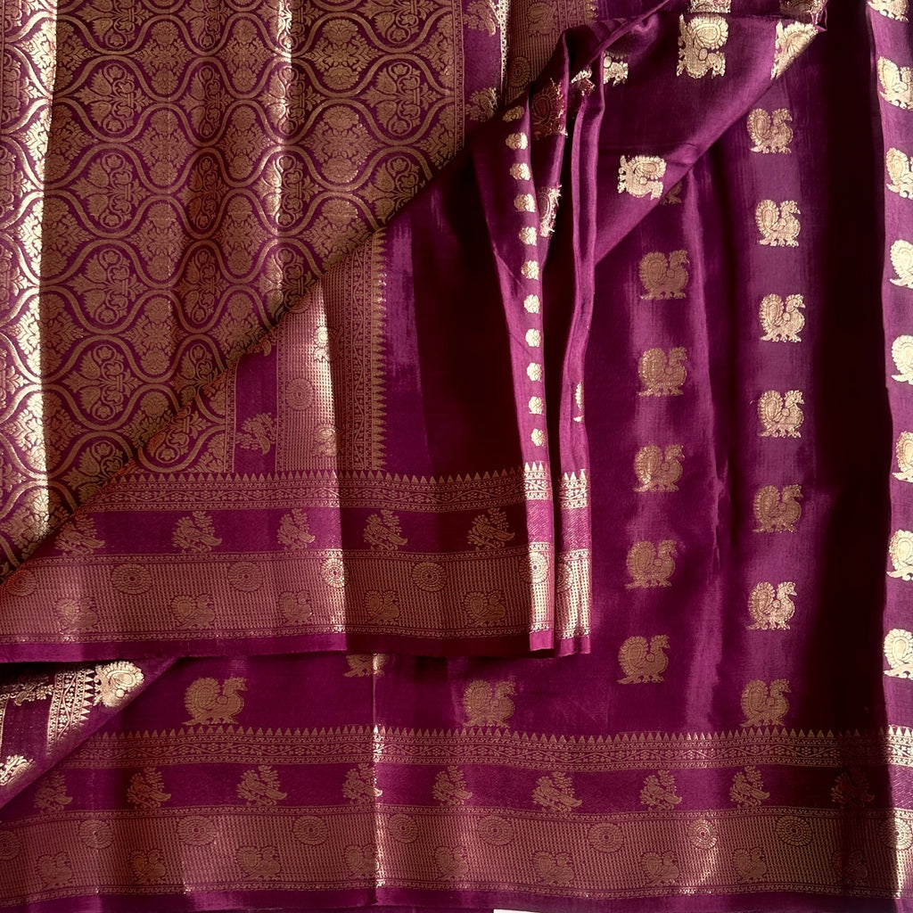Deep Magenta Silk Saree Gold Brocade Peacock Zari Border Traditional