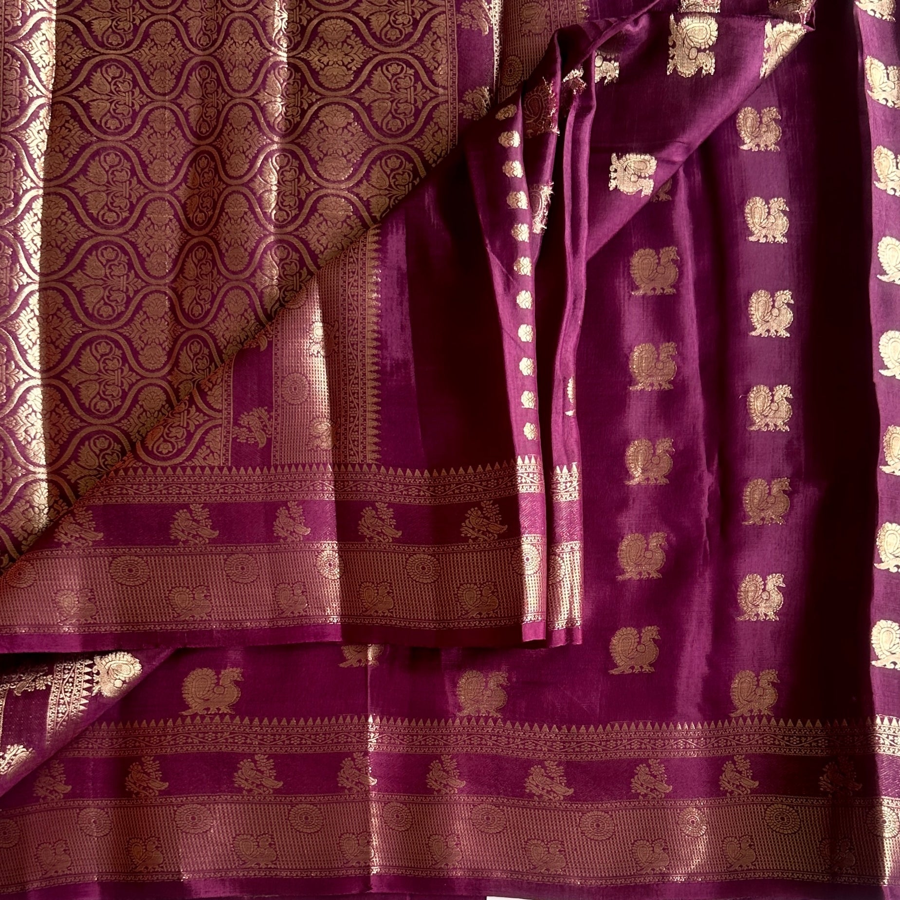 Deep Magenta Silk Saree Gold Brocade Peacock Zari Border Traditional