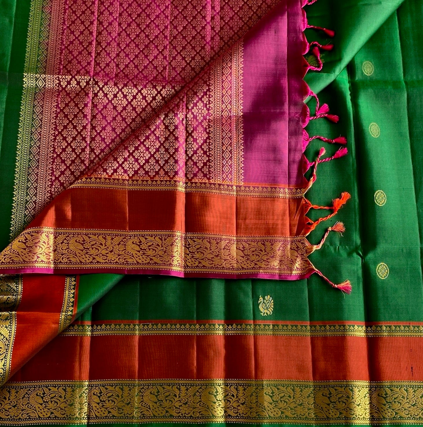 Emerald Green Designer Pure Silk Saree With Rani Pink Pallu