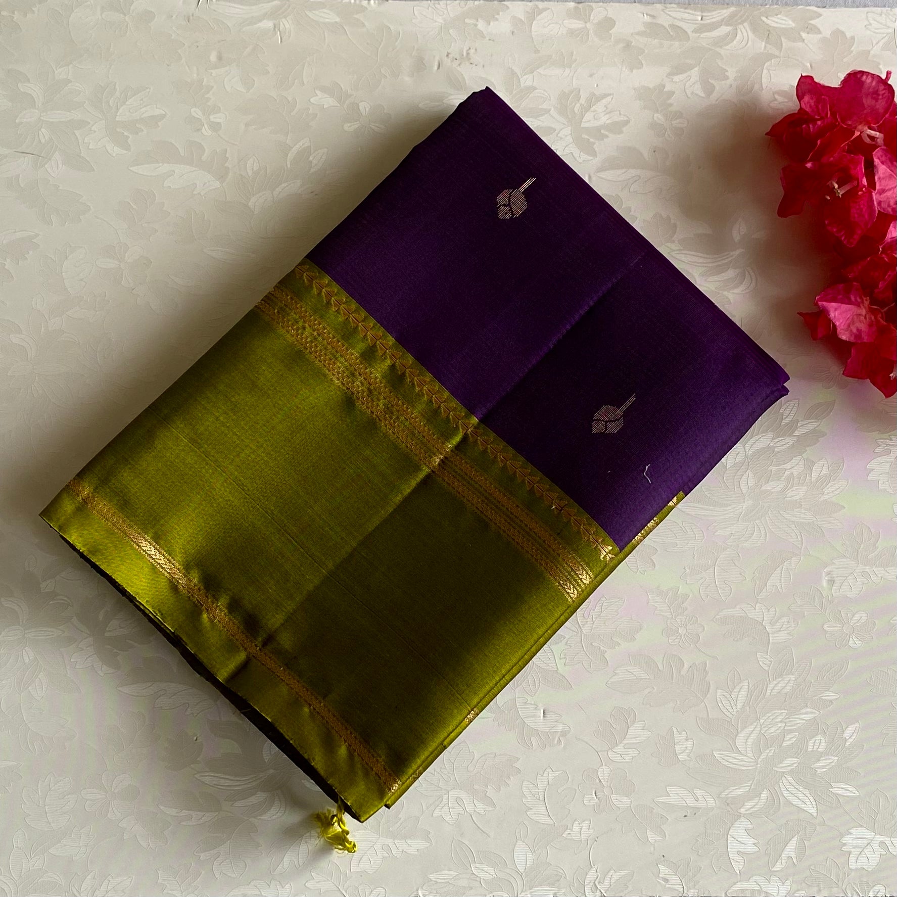 Olive Green Designer Pure Silk Saree With Royal Purple Pallu
