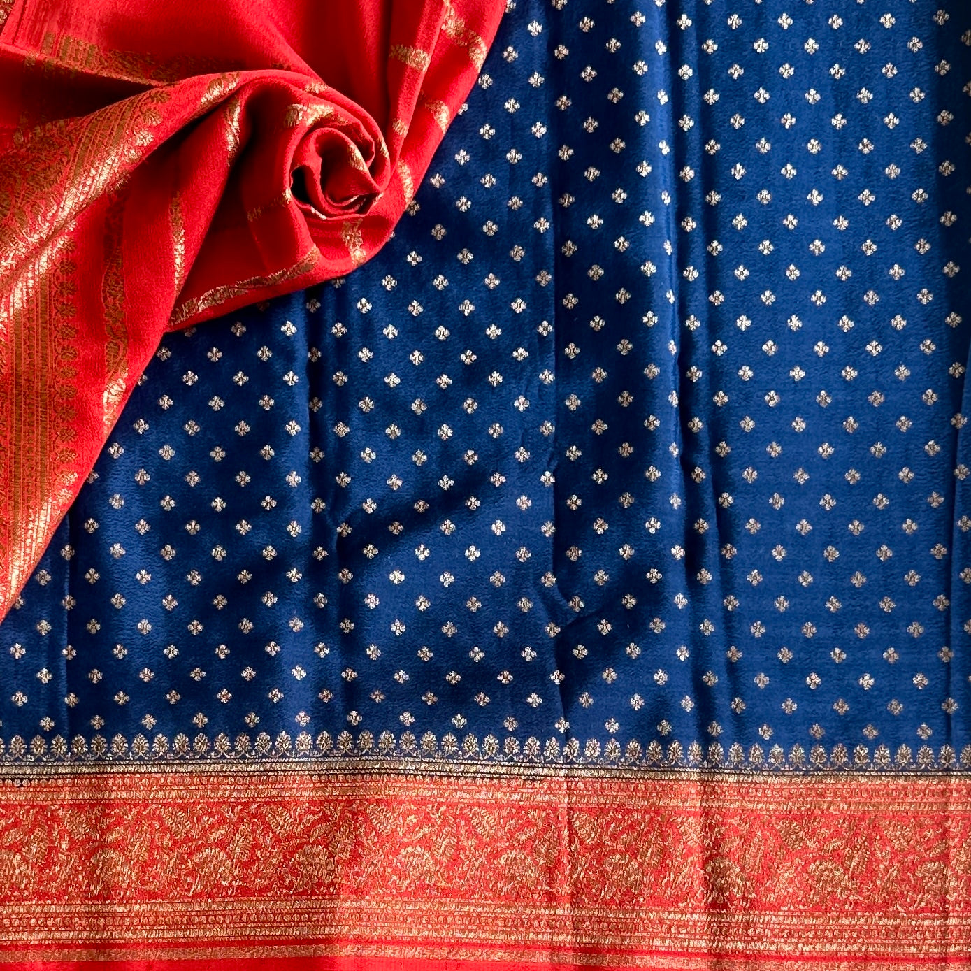 Denim Blue Banarasi Soft Crepe with  Red Pallu Gold Brocade Traditional