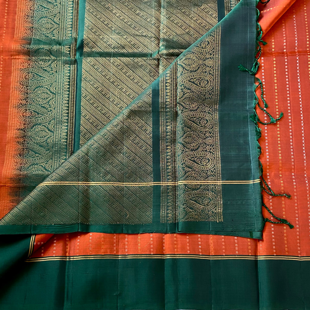 Burnt Orange with Emerald Green handwoven designer pure silk