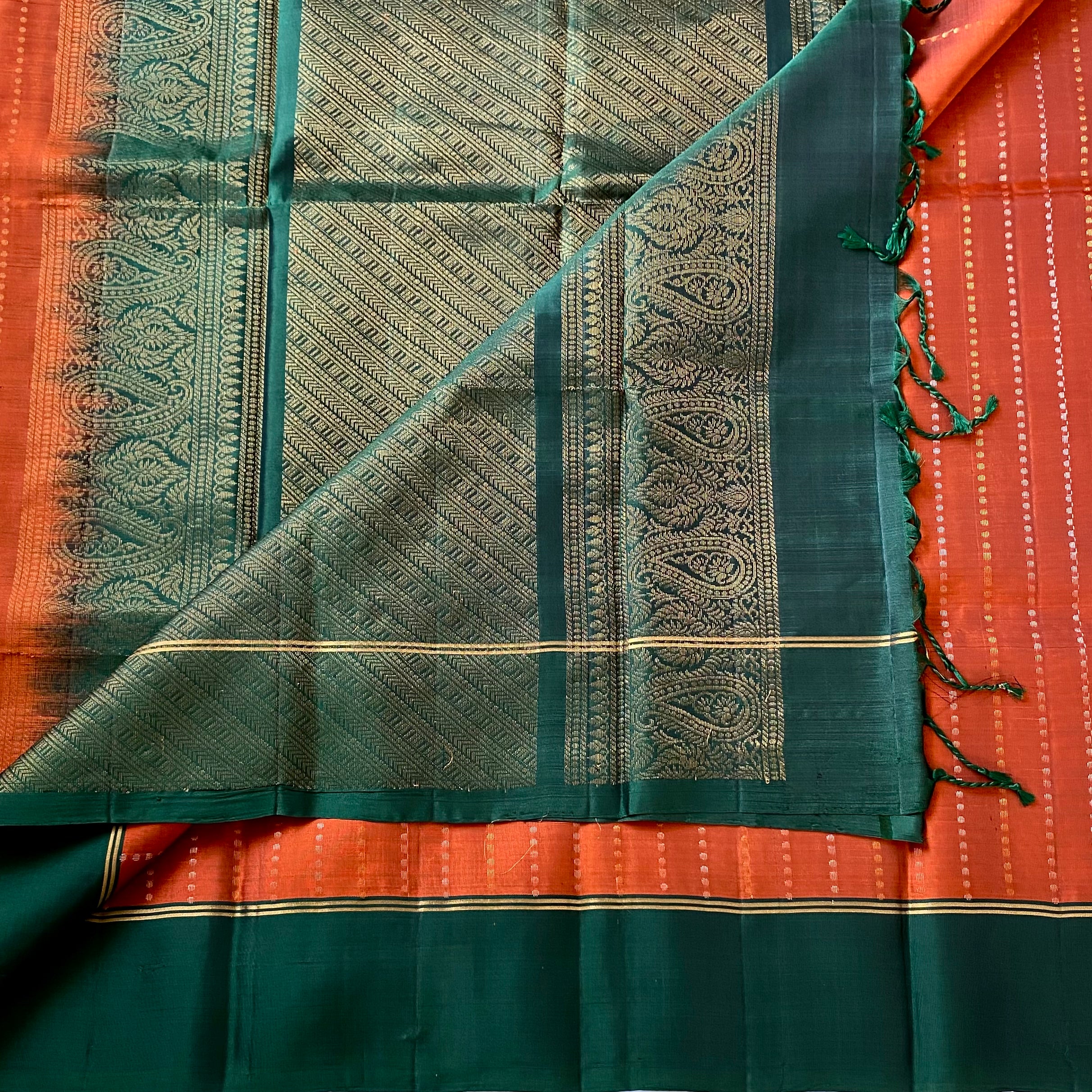 Burnt Orange with Emerald Green handwoven designer pure silk