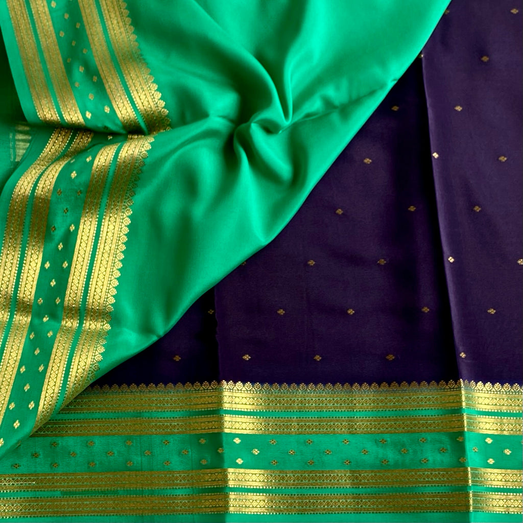 Midnight Navy Mysore Crepe Silk Saree With Sea Green Contrast