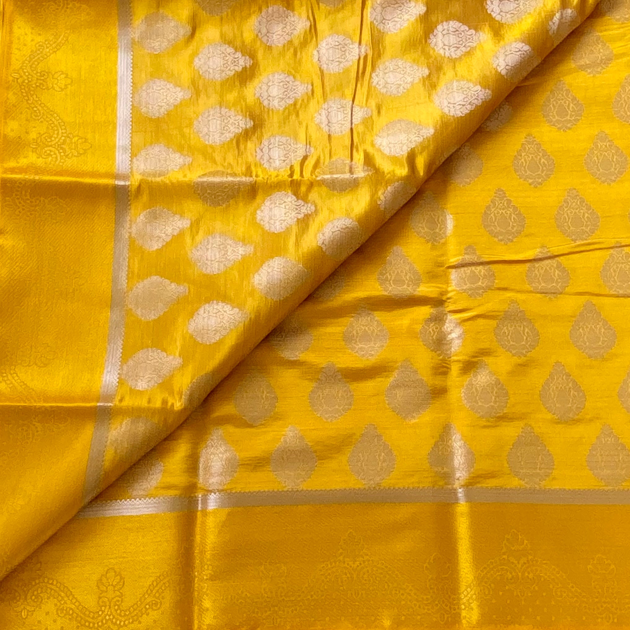 Golden mustard soft blended silk work antique silver motifs all over