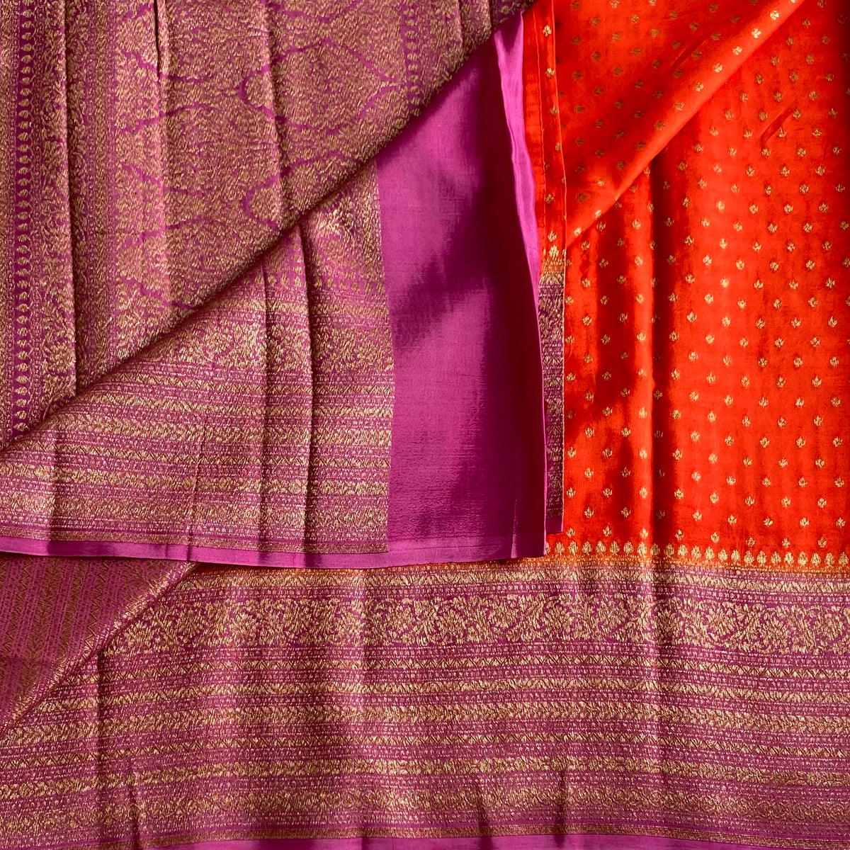 Banarasi Crepe Silk Bright Orange & Magenta Purple Saree With Pallu