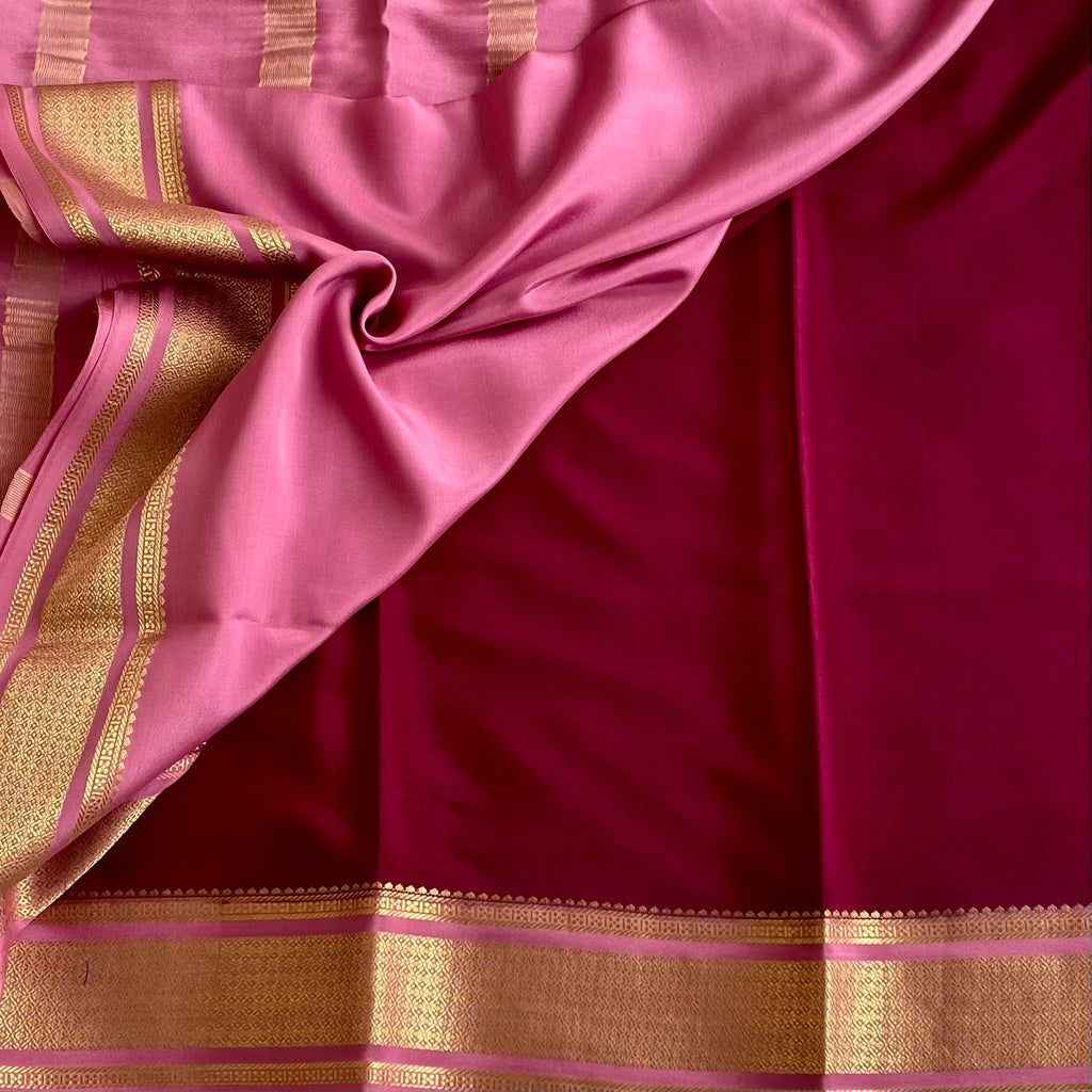 Mysore Crepe Silk Deep Wine Magenta Saree With Rose Pink Pallu
