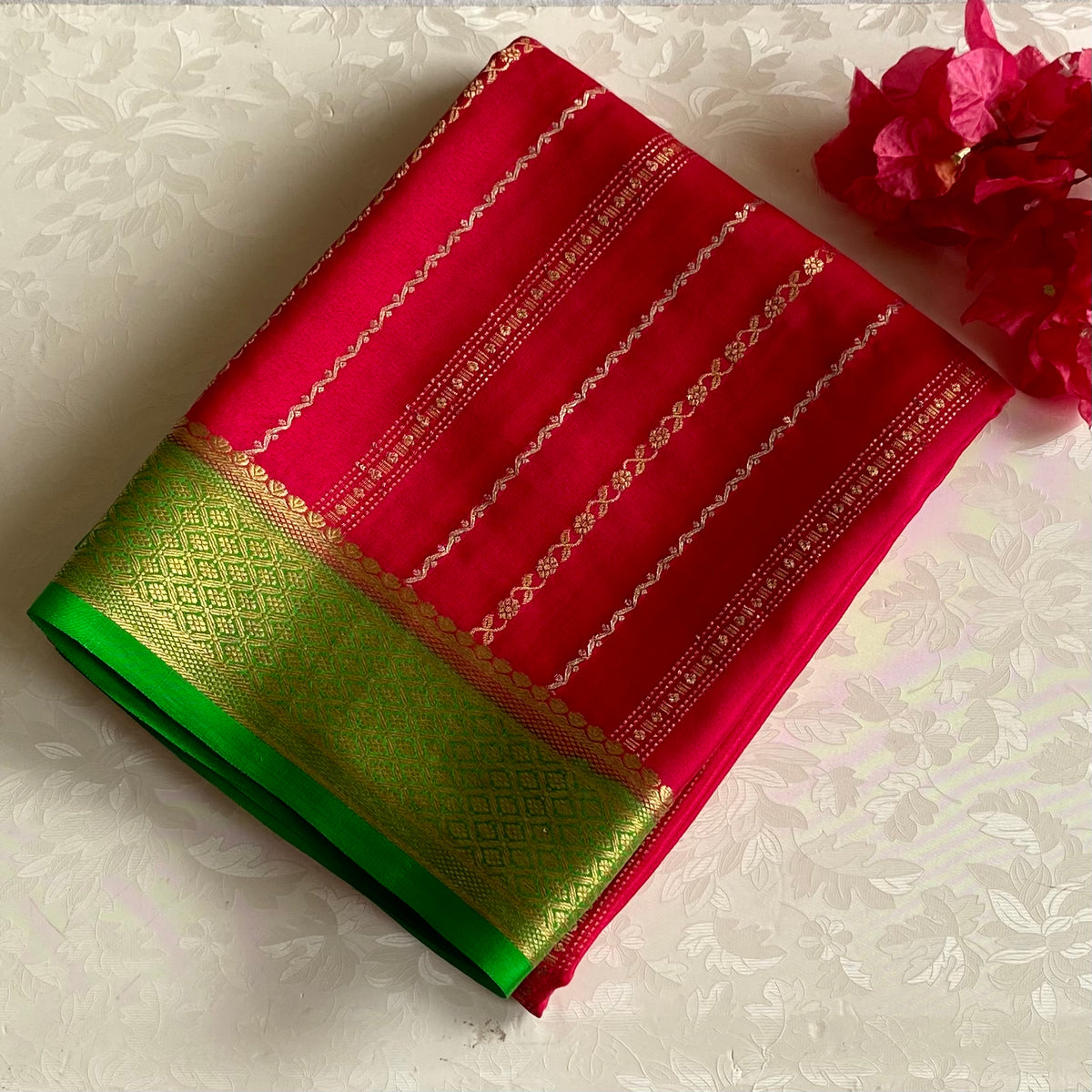 Cherry Pinkish Red Mysore Crepe Silk Saree With Emerald Green Pallu