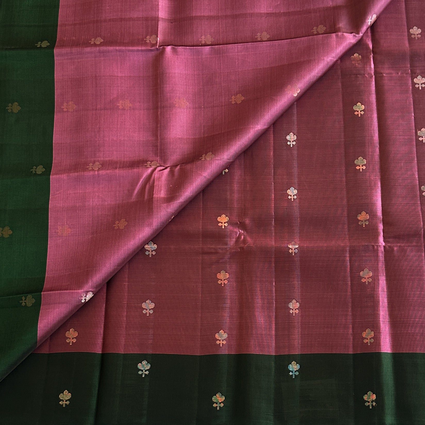 Magenta Silk Saree Forest Green Pallu Gold Brocade Banarasi Style