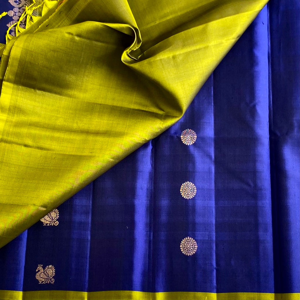 Royal Blue Designer Pure Silk Saree With Chartreuse Pallu