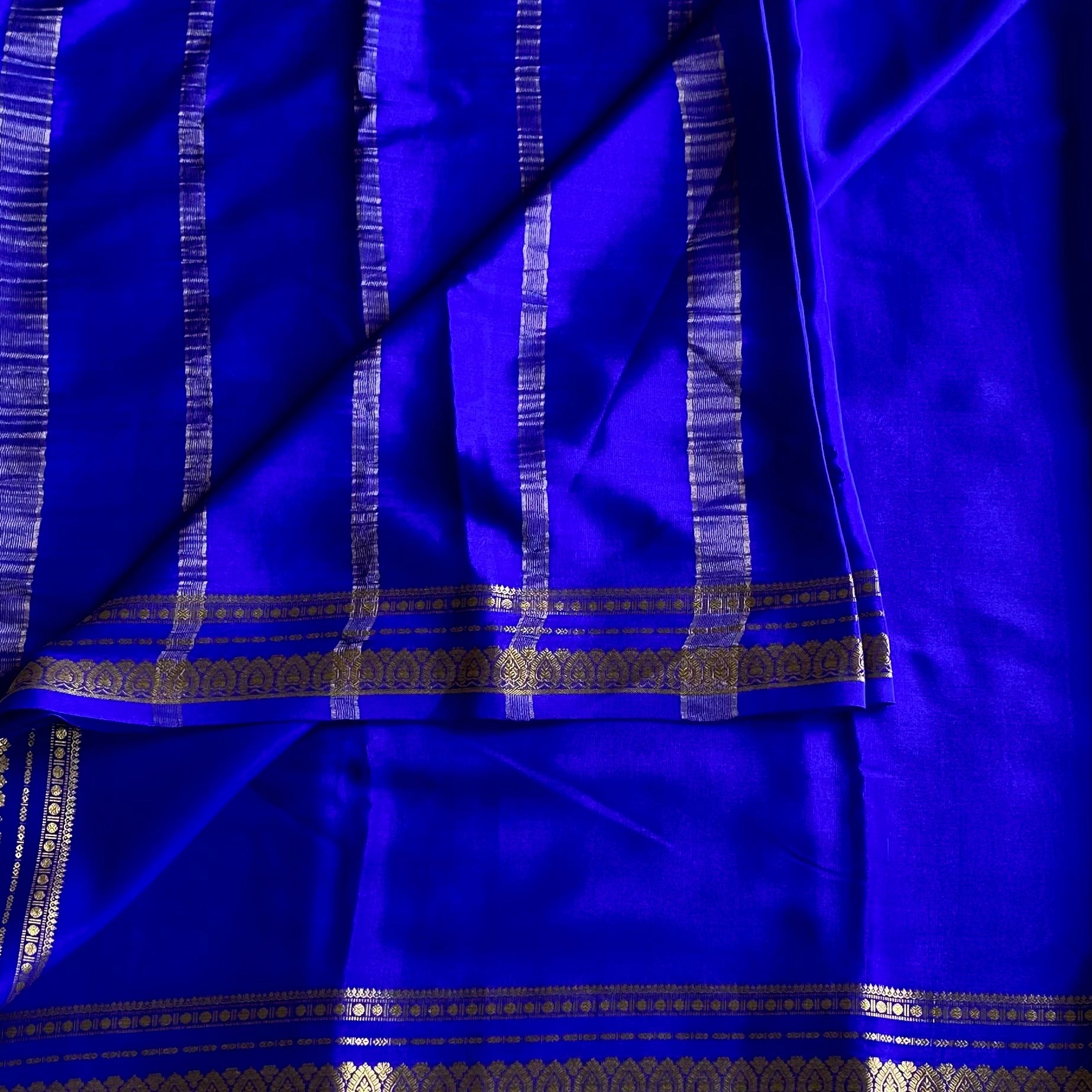 Royal Blue Mysore Crepe Silk Saree With Gold Border