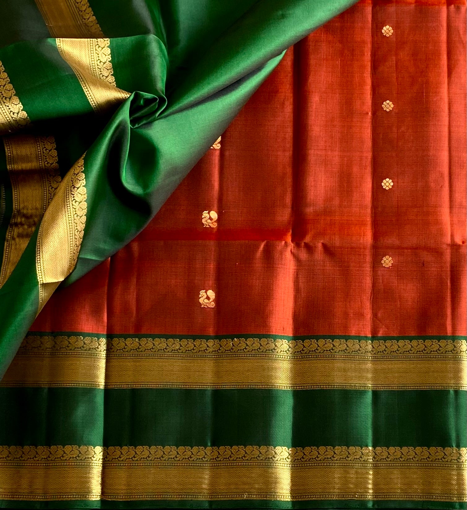 Emerald Teal Saree with Antique Gold Zari and Magenta Pallu